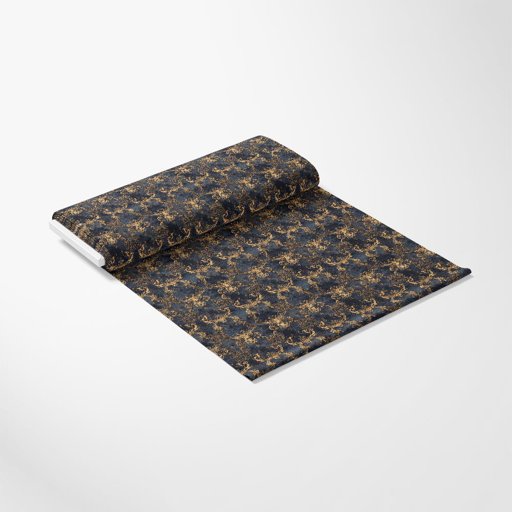 A roll of wallpaper unrolled halfway, featuring a dark floral pattern with gold accents against a gray background.