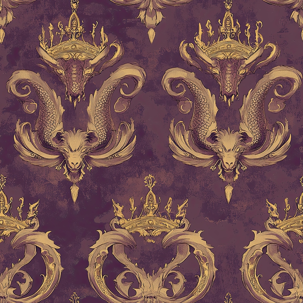 burgundy, gold, purple, dragons, serpents, crowns, royal motifs, ornate pattern, mythical creatures, scales, baroque style, regal design, reptilian, decorative swirls, majestic, fantasy theme, quilting cotton, fabric panel, repeating pattern, luxurious