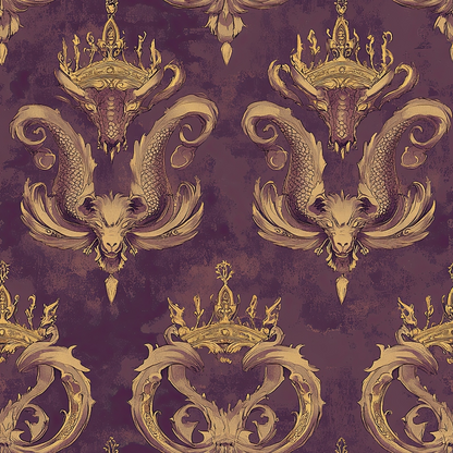 burgundy, gold, purple, dragons, serpents, crowns, royal motifs, ornate pattern, mythical creatures, scales, baroque style, regal design, reptilian, decorative swirls, majestic, fantasy theme, quilting cotton, fabric panel, repeating pattern, luxurious