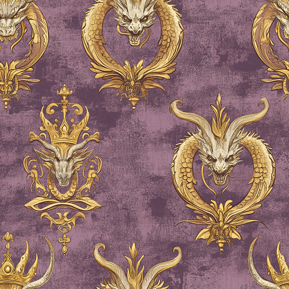 purple background, gold dragons, royal crown, heraldic design, medieval motifs, ornate pattern, majestic creatures, regal symbols, vintage texture, decorative flourishes, quilting cotton, fabric panel, fantasy theme, baroque style, serpentine dragons, circular medallions, distressed finish, luxurious aesthetic