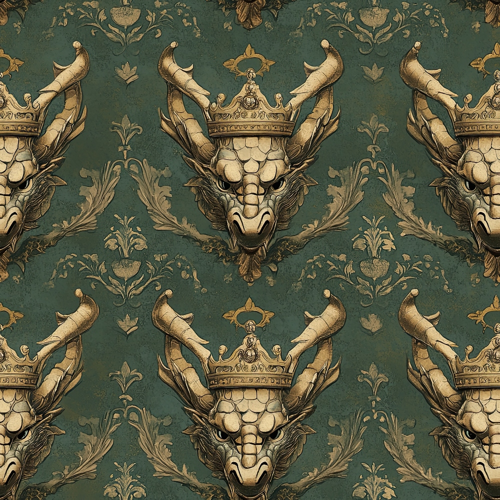 dragon pattern, crowned dragons, sage green, teal background, gold accents, cream colored, royal crowns, fantasy creatures, ornate design, baroque style, decorative flourishes, medieval inspired, regal motifs, quilting cotton, fabric panel, mythical beasts, heraldic design, vintage style, gothic elements, repeating pattern