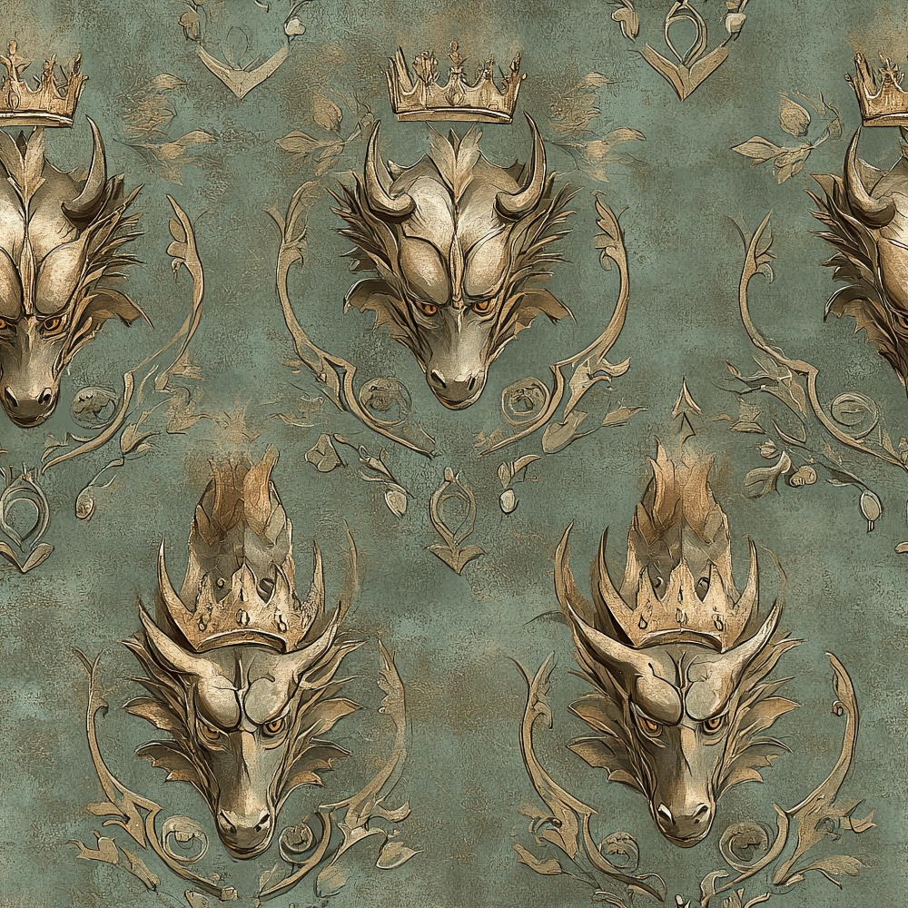 sage green, gold, bronze, dragon heads, crowns, royal motif, ornate scrollwork, heraldic design, medieval fantasy, regal pattern, quilting cotton, fabric panel, mythical creatures, decorative flourishes, vintage style, gothic elements, repeating pattern, antique finish, majestic theme
