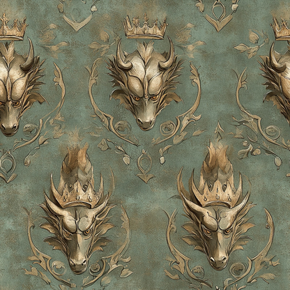 sage green, gold, bronze, dragon heads, crowns, royal motif, ornate scrollwork, heraldic design, medieval fantasy, regal pattern, quilting cotton, fabric panel, mythical creatures, decorative flourishes, vintage style, gothic elements, repeating pattern, antique finish, majestic theme