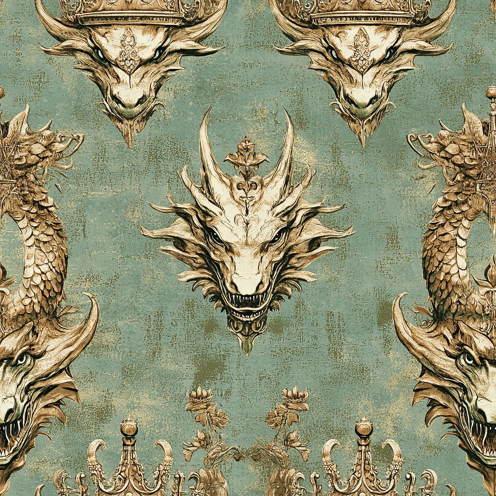 sage green, antique gold, dragon heads, ornate crowns, mythical creatures, vintage wallpaper, decorative motifs, quilting cotton, fabric panel, fantasy theme, regal design, distressed texture, symmetrical pattern, baroque style, gothic elements, reptilian scales, horned dragons, royal insignia, aged patina, mystical artwork