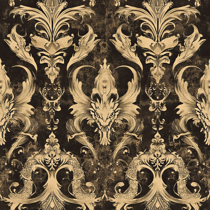dark brown, cream, gold, baroque pattern, ornate scrollwork, dragon motifs, mythical creatures, damask design, vintage style, distressed texture, gothic elements, regal motifs, symmetrical pattern, quilting cotton, fabric panel, decorative flourishes, antique finish, serpentine forms, medieval inspired, luxurious appearance