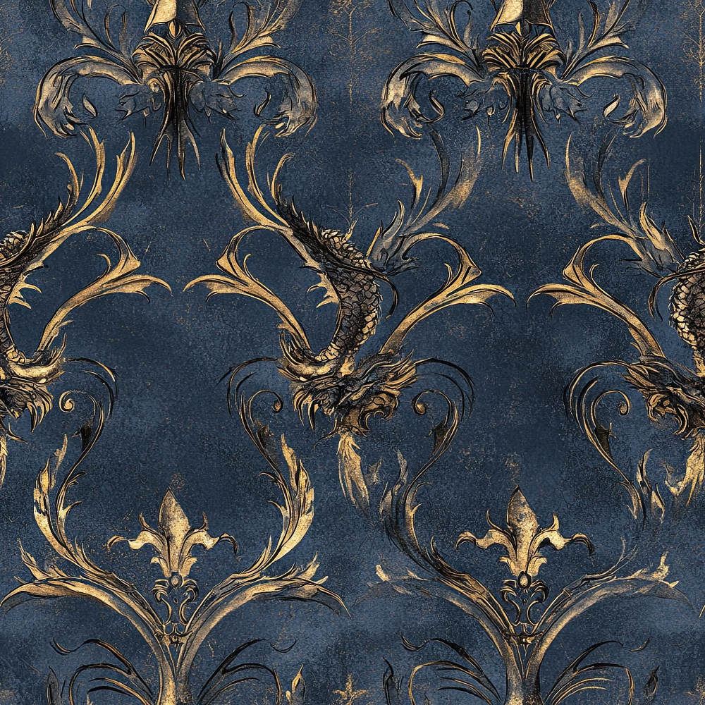 navy blue, gold, dragons, damask pattern, ornate scrollwork, mythical creatures, baroque style, vintage wallpaper, quilting cotton, fabric panel, decorative motifs, royal blue, antique gold, serpentine dragons, floral flourishes, regal pattern, gothic elements, medieval inspired, luxurious design, repetitive pattern