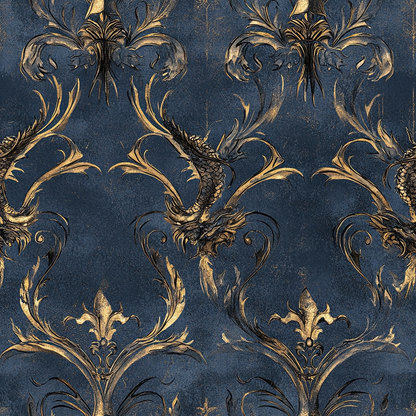 navy blue, gold, dragons, damask pattern, ornate scrollwork, mythical creatures, baroque style, vintage wallpaper, quilting cotton, fabric panel, decorative motifs, royal blue, antique gold, serpentine dragons, floral flourishes, regal pattern, gothic elements, medieval inspired, luxurious design, repetitive pattern