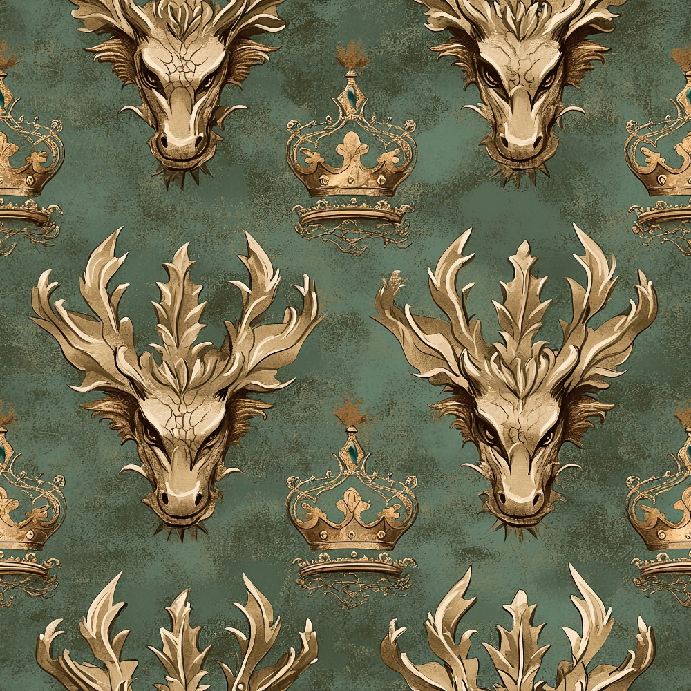 sage green, gold, bronze, dragon heads, ornate crowns, royal pattern, antler motifs, mythical creatures, vintage style, repeating design, quilting cotton, fabric panel, regal theme, fantasy elements, decorative scrollwork, medieval inspired, heraldic symbols, majestic beasts, baroque ornaments, textured background