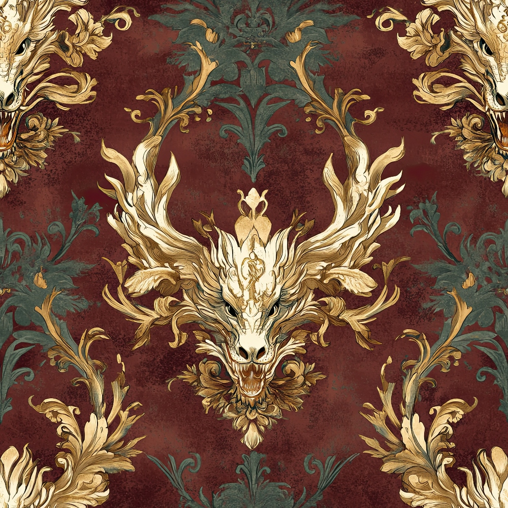 burgundy, maroon, gold, teal, dragon head, ornate scrollwork, baroque style, damask pattern, mythical creature, decorative flourishes, quilting cotton, fabric panel, gothic elegance, symmetrical design, royal motif, dark fantasy, intricate details, metallic accents, renaissance inspired