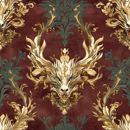 burgundy, maroon, gold, teal, dragon head, ornate scrollwork, baroque style, damask pattern, mythical creature, decorative flourishes, quilting cotton, fabric panel, gothic elegance, symmetrical design, royal motif, dark fantasy, intricate details, metallic accents, renaissance inspired