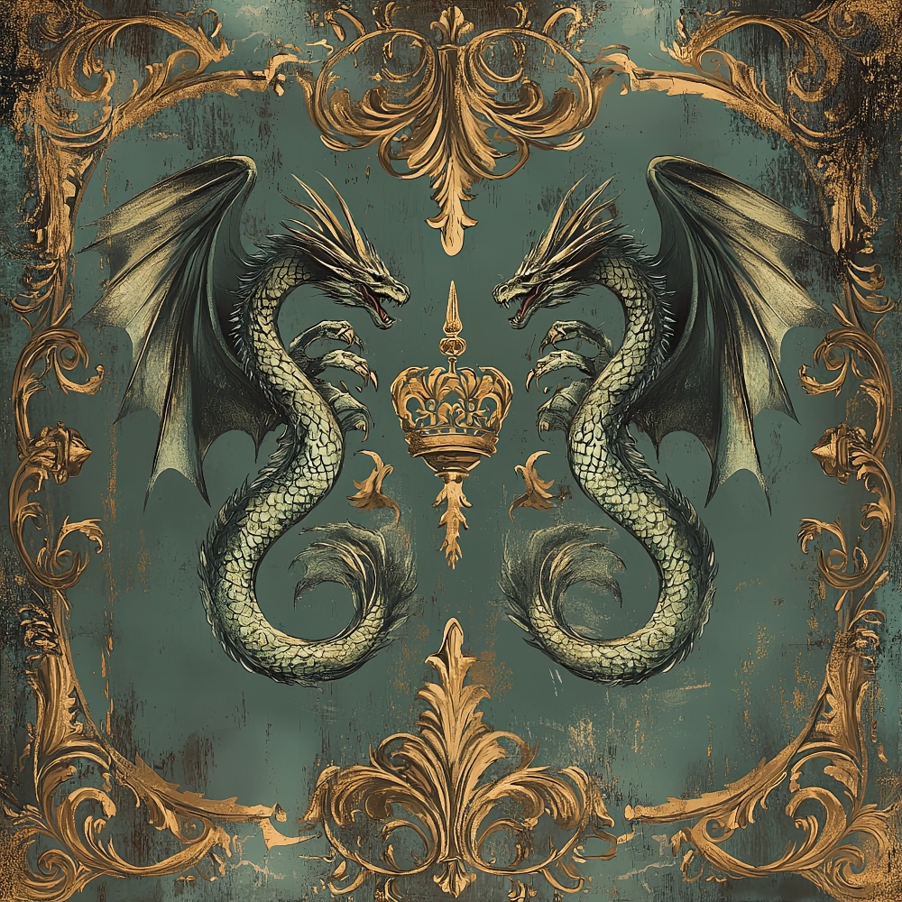 sage green, antique gold, dragons, winged serpents, ornate crown, baroque scrollwork, decorative flourishes, mythical creatures, regal imagery, vintage patina, weathered texture, symmetrical design, fantasy motif, quilting cotton, fabric panel, medieval style, heraldic elements, royal symbolism, ornamental border