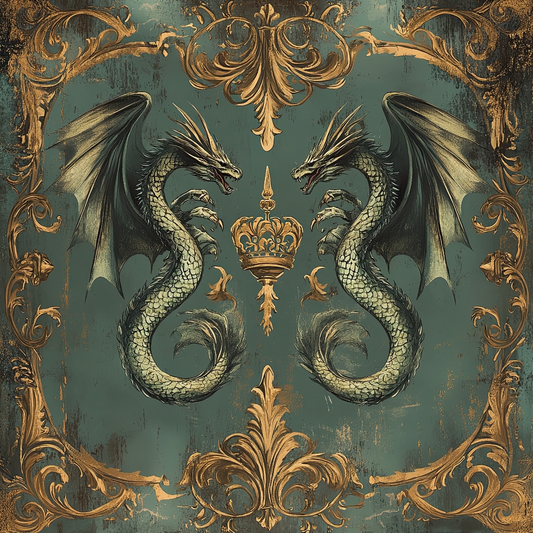 Illustration of two green dragons with wings facing each other, surrounding a golden crown. Ornate floral patterns frame the scene on a textured teal background.