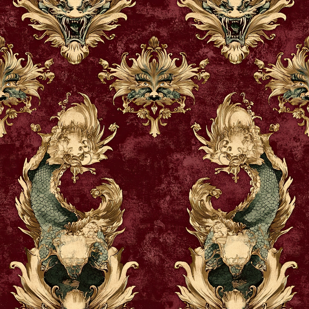 burgundy, maroon, gold, cream, teal, dragons, mythical creatures, ornate scrollwork, baroque pattern, damask style, heraldic motifs, fantasy beasts, decorative flourishes, quilting cotton, fabric panel, gothic atmosphere, regal design, repeating pattern, vintage inspired, luxurious texture