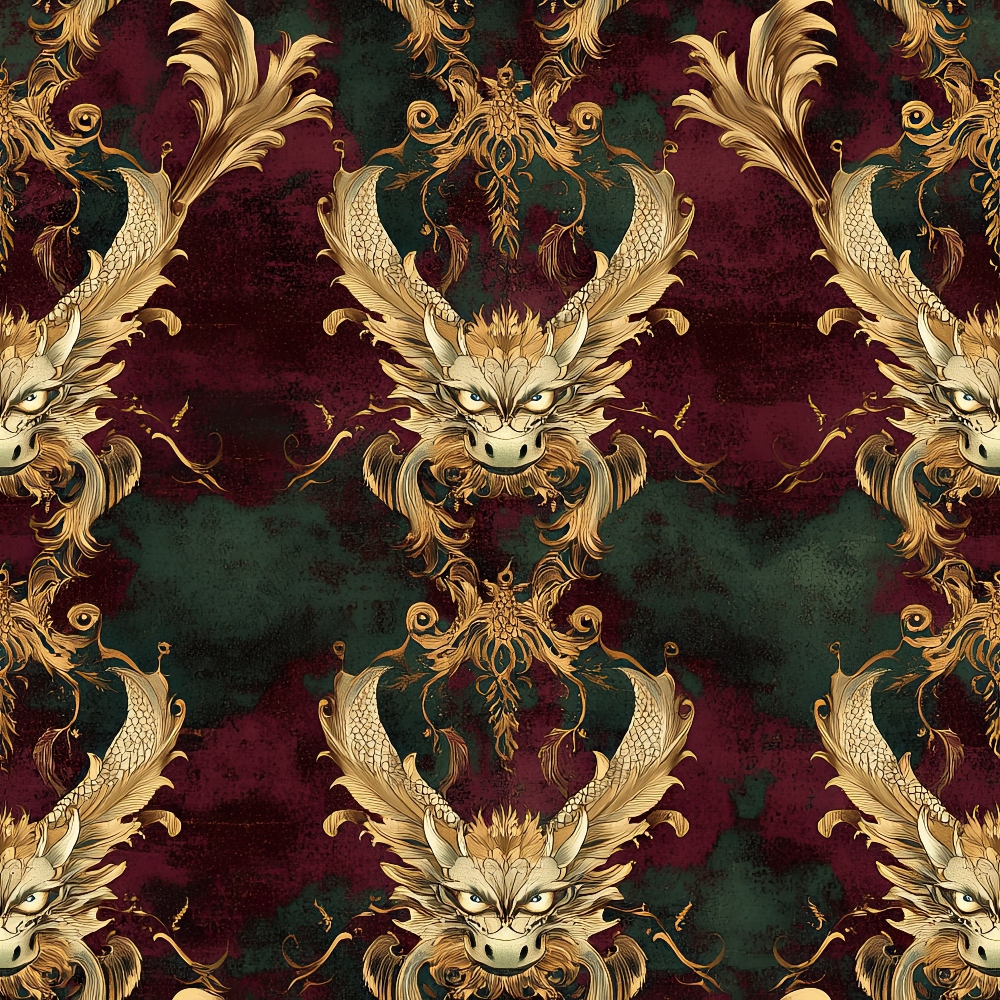 burgundy, forest green, golden yellow, ornate dragons, baroque flourishes, mythical creatures, regal pattern, decorative scrollwork, fantasy motif, quilting cotton, fabric panel, luxurious design, medieval style, heraldic elements, rich jewel tones, ornamental swirls, dragon heads, elaborate detailing, gothic atmosphere, seamless repeat
