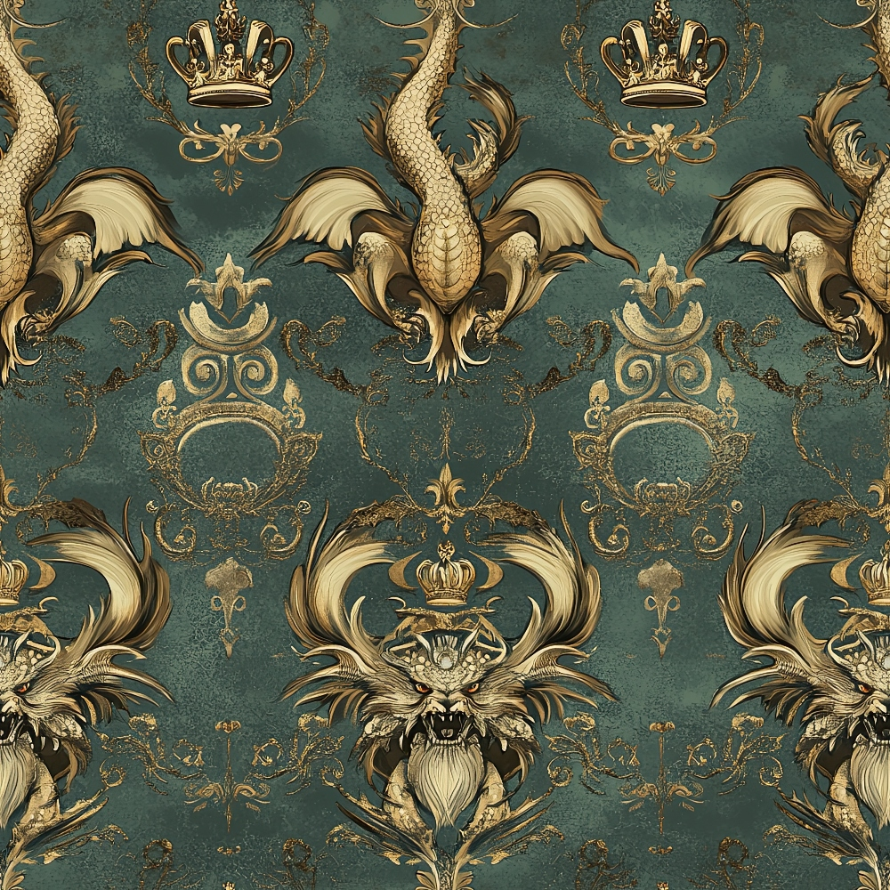 teal background, gold dragons, ornate crowns, baroque pattern, winged creatures, royal motifs, decorative scrollwork, vintage damask, mythical beasts, quilting cotton, fabric panel, elaborate ornaments, heraldic design, fantasy creatures, intricate details, regal styling, antique finish, repeating pattern, luxurious appearance