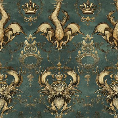 teal background, gold dragons, ornate crowns, baroque pattern, winged creatures, royal motifs, decorative scrollwork, vintage damask, mythical beasts, quilting cotton, fabric panel, elaborate ornaments, heraldic design, fantasy creatures, intricate details, regal styling, antique finish, repeating pattern, luxurious appearance