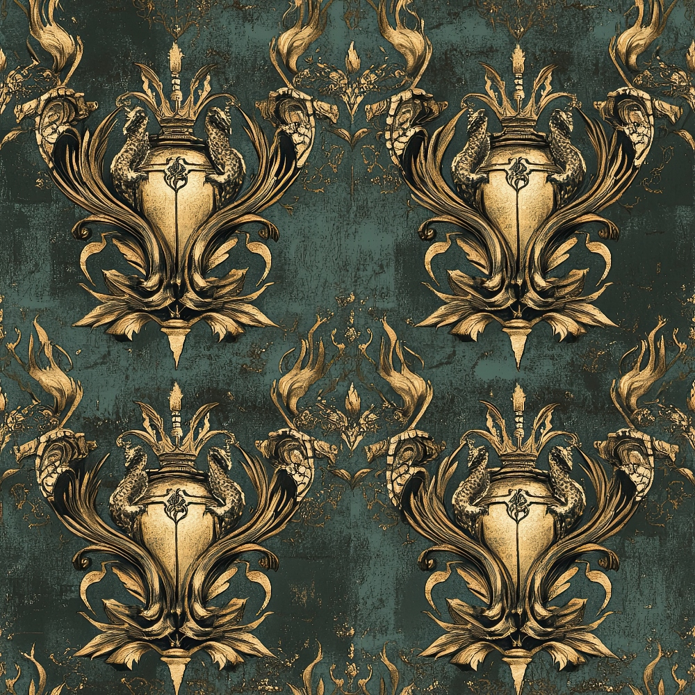 teal background, gold metallic, ornate dragons, baroque pattern, regal motifs, decorative urns, flowing scrollwork, vintage style, quilting cotton, fabric panel, serpentine creatures, antique finish, elaborate crowns, gothic elements, damask design, rich textures, mythical beasts, ornamental flames, luxurious pattern, distressed appearance
