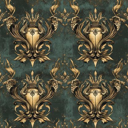 teal background, gold metallic, ornate dragons, baroque pattern, regal motifs, decorative urns, flowing scrollwork, vintage style, quilting cotton, fabric panel, serpentine creatures, antique finish, elaborate crowns, gothic elements, damask design, rich textures, mythical beasts, ornamental flames, luxurious pattern, distressed appearance