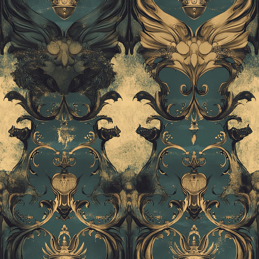 teal green, gold accents, baroque ornaments, winged motifs, heraldic shields, crowns, scrollwork, ornate flourishes, gothic elements, royal emblems, decorative swirls, vintage patina, symmetrical design, regal pattern, quilting cotton, fabric panel, medieval inspired, dramatic mood, antique finish, metallic highlights