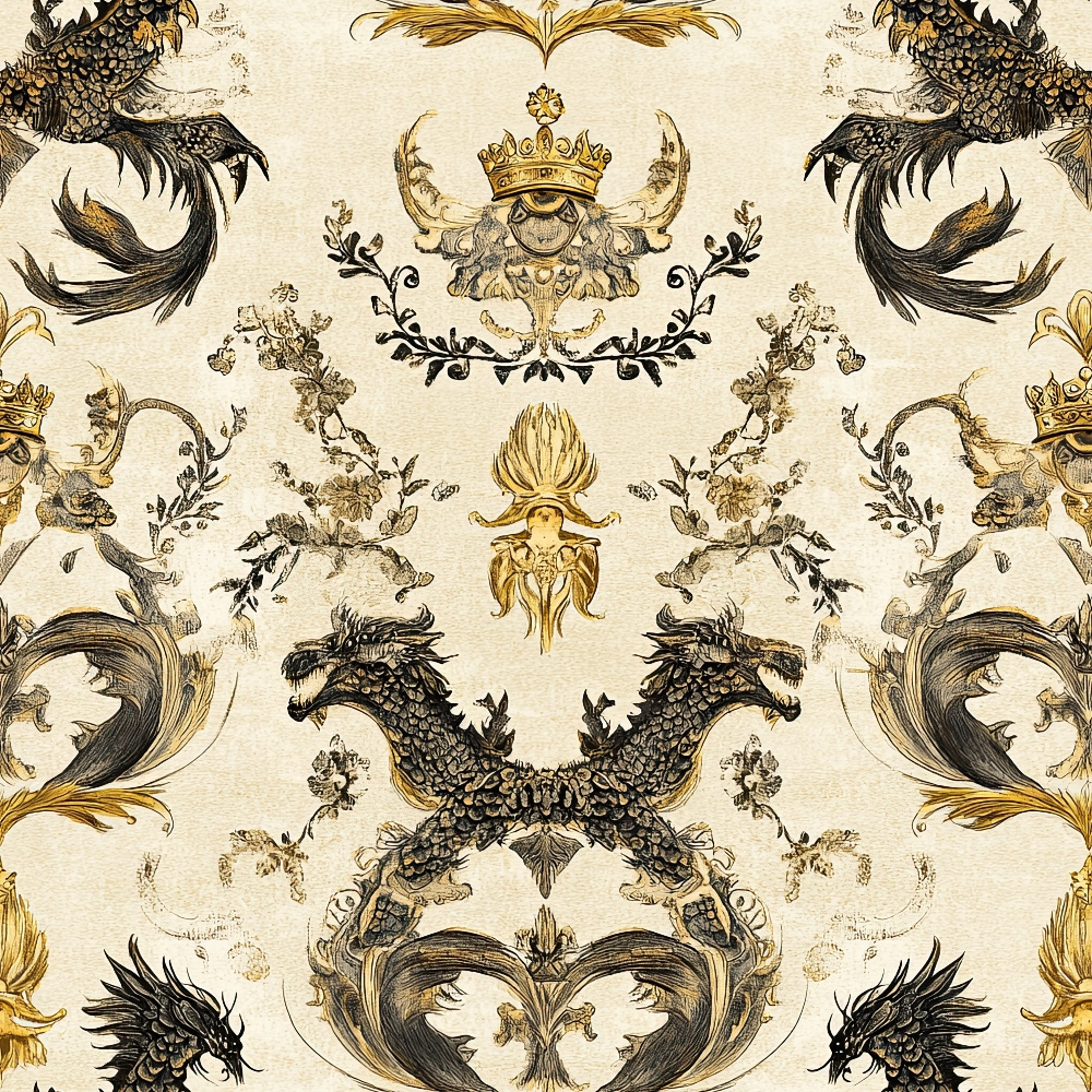 dragons, medieval heraldry, crown motifs, ornate scrollwork, beige background, black details, gold accents, mythical creatures, baroque pattern, symmetrical design, royal imagery, decorative flourishes, vintage style, quilting cotton, fabric panel, regal theme, intricate artwork, fantasy elements, ornamental design, heraldic beasts
