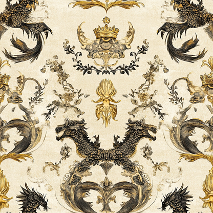 dragons, medieval heraldry, crown motifs, ornate scrollwork, beige background, black details, gold accents, mythical creatures, baroque pattern, symmetrical design, royal imagery, decorative flourishes, vintage style, quilting cotton, fabric panel, regal theme, intricate artwork, fantasy elements, ornamental design, heraldic beasts