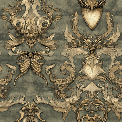 sage green, antique gold, bronze, ornate scrollwork, baroque flourishes, heraldic shields, decorative crests, dragon motifs, vintage ornaments, rococo style, gothic elements, medieval inspired, quilting cotton, fabric panel, elaborate swirls, royal emblems, weathered texture, fantasy themed, renaissance pattern, luxurious detailing