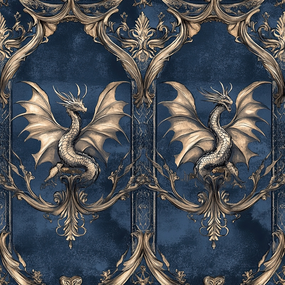 navy blue, gold, bronze, dragons, winged creatures, ornate scrollwork, baroque pattern, decorative flourishes, mythical beasts, symmetrical design, regal motifs, quilting cotton, fabric panel, fantasy theme, intricate detailing, royal aesthetic, damask style, reptilian scales, medieval inspired, luxurious pattern