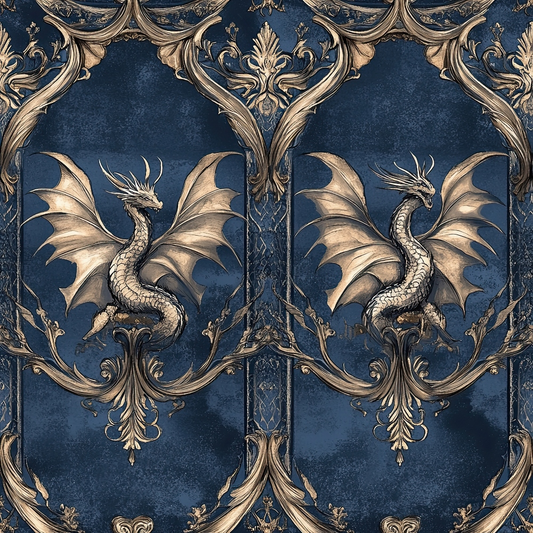 navy blue, gold, bronze, dragons, winged creatures, ornate scrollwork, baroque pattern, decorative flourishes, mythical beasts, symmetrical design, regal motifs, quilting cotton, fabric panel, fantasy theme, intricate detailing, royal aesthetic, damask style, reptilian scales, medieval inspired, luxurious pattern