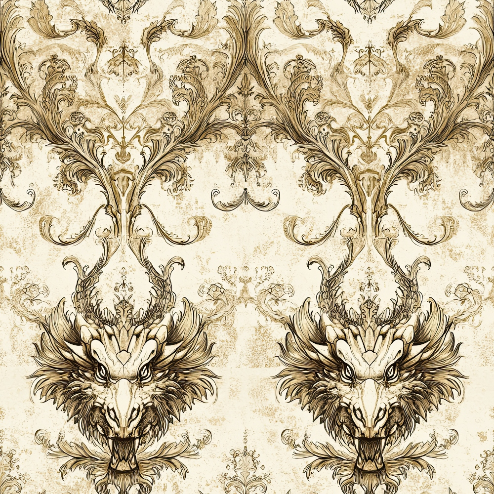 beige, cream, brown, sepia, dragon heads, ornate scrollwork, baroque pattern, damask design, mythical creatures, vintage style, aged texture, repeating motif, quilting cotton, fabric panel, decorative flourishes, royal pattern, antique finish, symmetrical design, fantasy theme