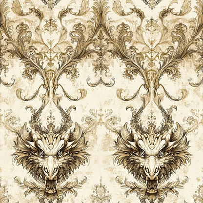 beige, cream, brown, sepia, dragon heads, ornate scrollwork, baroque pattern, damask design, mythical creatures, vintage style, aged texture, repeating motif, quilting cotton, fabric panel, decorative flourishes, royal pattern, antique finish, symmetrical design, fantasy theme