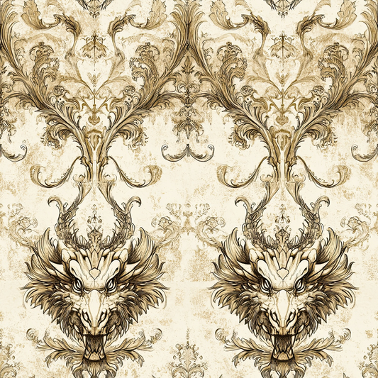 beige, cream, brown, sepia, dragon heads, ornate scrollwork, baroque pattern, damask design, mythical creatures, vintage style, aged texture, repeating motif, quilting cotton, fabric panel, decorative flourishes, royal pattern, antique finish, symmetrical design, fantasy theme