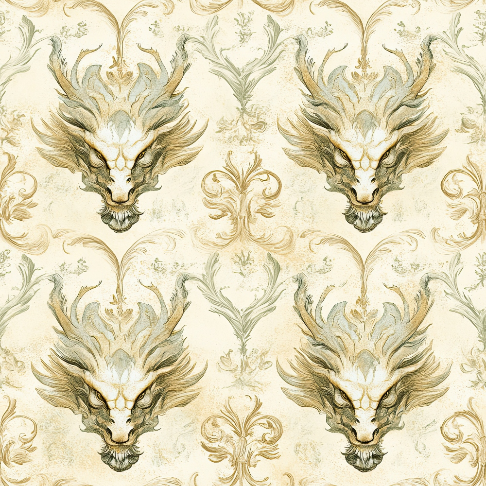 dragons, mythical creatures, cream background, gold accents, olive green, sage green, ornate scrollwork, baroque flourishes, fantasy art, regal pattern, decorative motifs, quilting cotton, fabric panel, intricate details, antique style, damask elements, flowing curves, majestic beasts, vintage aesthetic, repeating design