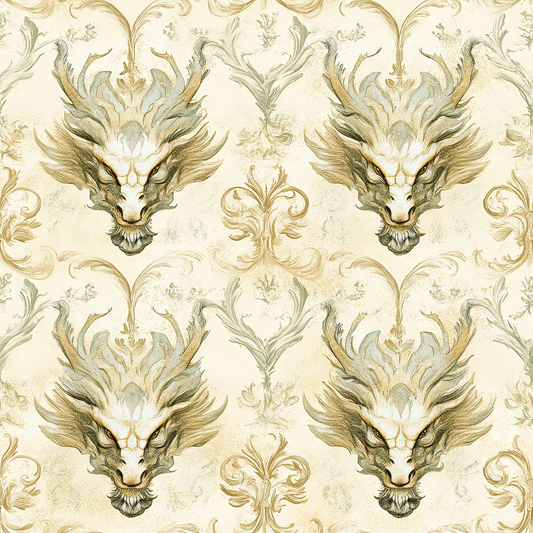 dragons, mythical creatures, cream background, gold accents, olive green, sage green, ornate scrollwork, baroque flourishes, fantasy art, regal pattern, decorative motifs, quilting cotton, fabric panel, intricate details, antique style, damask elements, flowing curves, majestic beasts, vintage aesthetic, repeating design