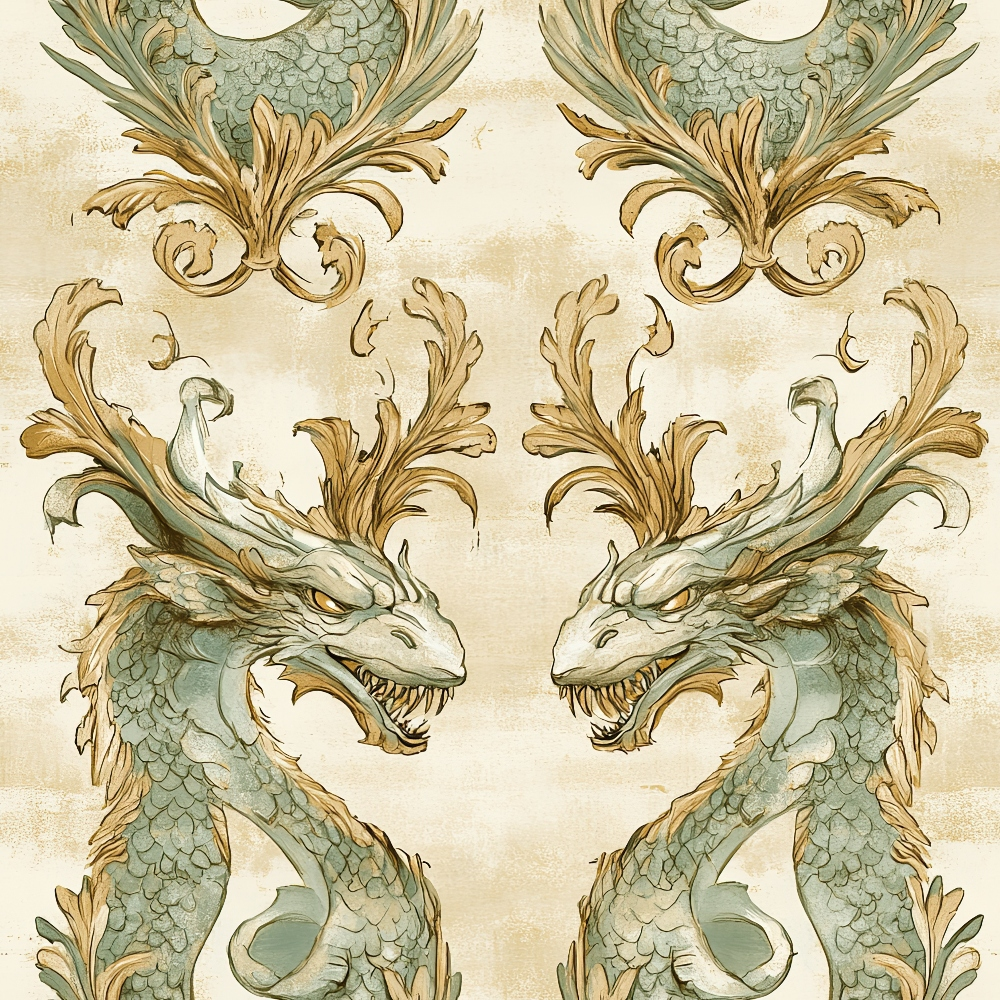 dragon motif, baroque ornament, sage green, antique gold, cream background, mythical creatures, ornate scrollwork, vintage style, decorative flourishes, quilting cotton, fabric panel, fantasy theme, acanthus leaves, serpentine design, weathered texture, symmetrical pattern, gothic revival, ornamental dragons, scaly texture, flowing curves