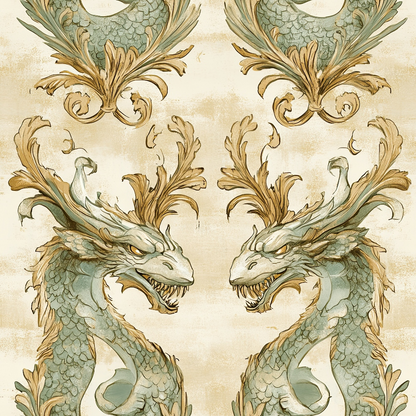 dragon motif, baroque ornament, sage green, antique gold, cream background, mythical creatures, ornate scrollwork, vintage style, decorative flourishes, quilting cotton, fabric panel, fantasy theme, acanthus leaves, serpentine design, weathered texture, symmetrical pattern, gothic revival, ornamental dragons, scaly texture, flowing curves