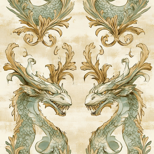 dragon motif, baroque ornament, sage green, antique gold, cream background, mythical creatures, ornate scrollwork, vintage style, decorative flourishes, quilting cotton, fabric panel, fantasy theme, acanthus leaves, serpentine design, weathered texture, symmetrical pattern, gothic revival, ornamental dragons, scaly texture, flowing curves