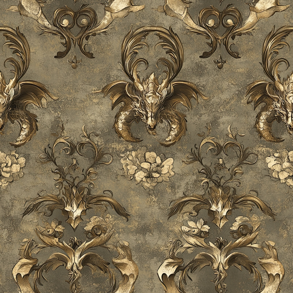 dragons, baroque pattern, ornate scrollwork, golden brown, taupe, sepia tones, mythical creatures, damask style, decorative flourishes, quilting cotton, fabric panel, vintage aesthetic, intricate details, repetitive motif, fantasy theme, medieval inspired, textured background, flowing curves, regal design, antique finish