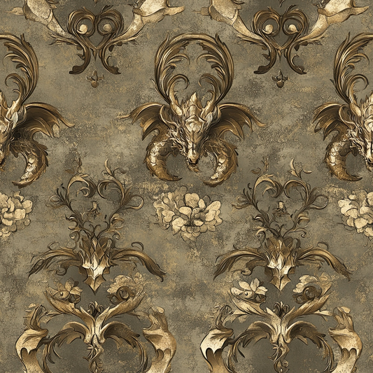 dragons, baroque pattern, ornate scrollwork, golden brown, taupe, sepia tones, mythical creatures, damask style, decorative flourishes, quilting cotton, fabric panel, vintage aesthetic, intricate details, repetitive motif, fantasy theme, medieval inspired, textured background, flowing curves, regal design, antique finish