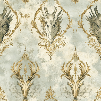 dragon heads, ornate scrollwork, sage green, antique gold, cream background, baroque pattern, mythical creatures, decorative flourishes, vintage wallpaper style, damask design, quilting cotton, fabric panel, repetitive motif, fantasy theme, elegant ornamentation, muted pastels, royal aesthetic, textile art