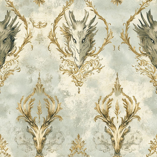 dragon heads, ornate scrollwork, sage green, antique gold, cream background, baroque pattern, mythical creatures, decorative flourishes, vintage wallpaper style, damask design, quilting cotton, fabric panel, repetitive motif, fantasy theme, elegant ornamentation, muted pastels, royal aesthetic, textile art