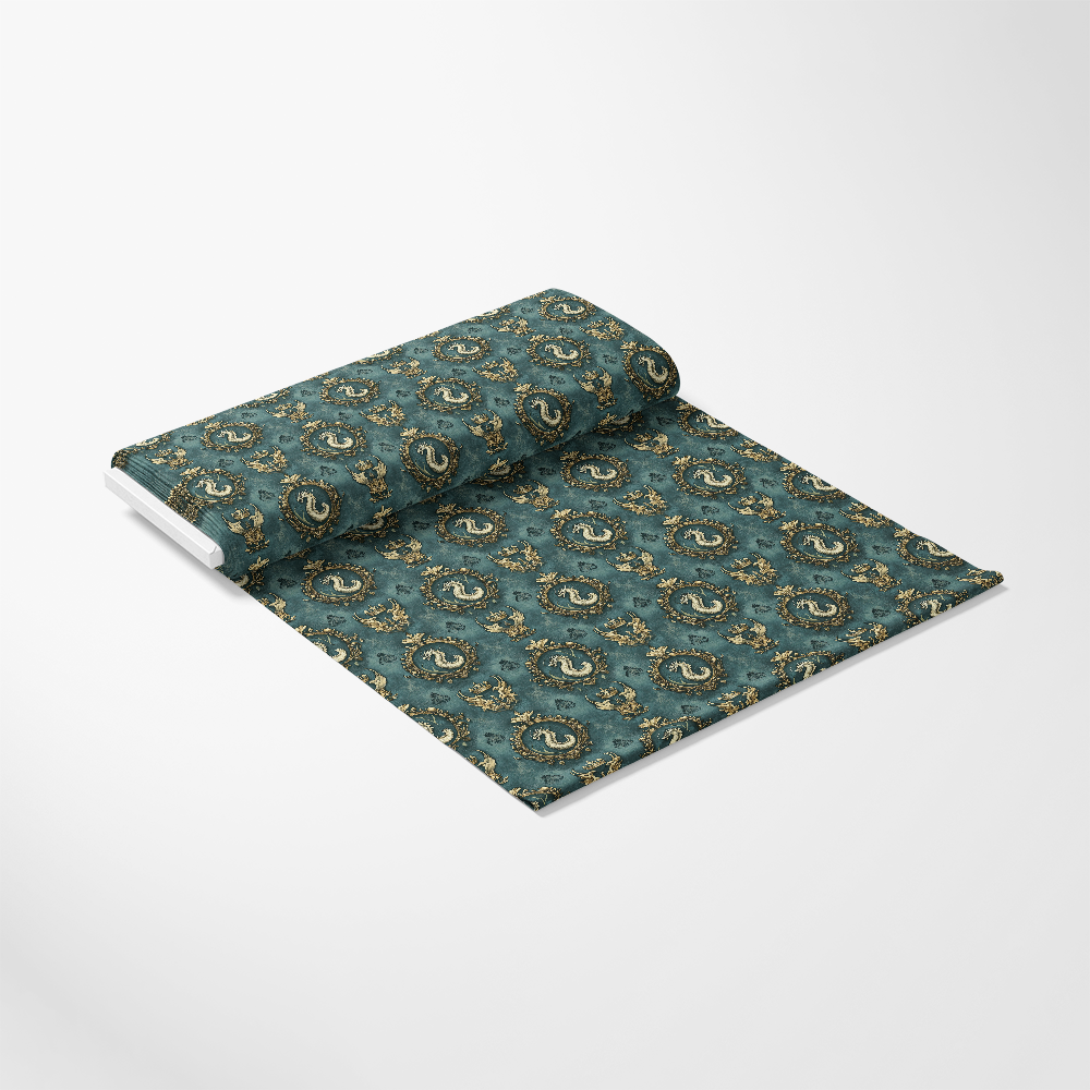 A rolled-out sheet of patterned wallpaper featuring a teal background with intricate gold and black designs, displayed on a light gray surface.