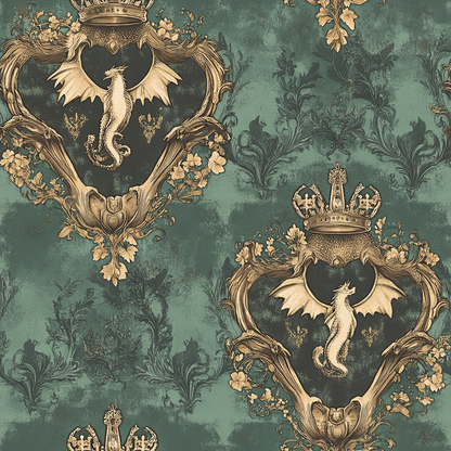 sage green, teal, gold, bronze, dragons, winged creatures, royal crowns, heraldic shields, baroque ornaments, damask patterns, floral scrollwork, regal motifs, vintage style, ornate frames, quilting cotton, fabric panel, medieval fantasy, decorative crests, antique finish, gothic elements