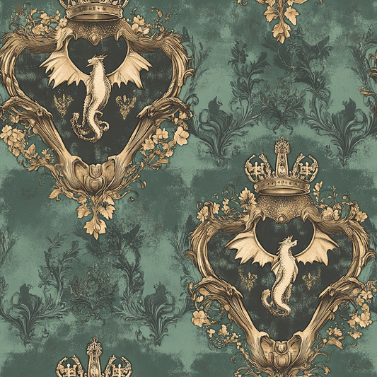 sage green, teal, gold, bronze, dragons, winged creatures, royal crowns, heraldic shields, baroque ornaments, damask patterns, floral scrollwork, regal motifs, vintage style, ornate frames, quilting cotton, fabric panel, medieval fantasy, decorative crests, antique finish, gothic elements