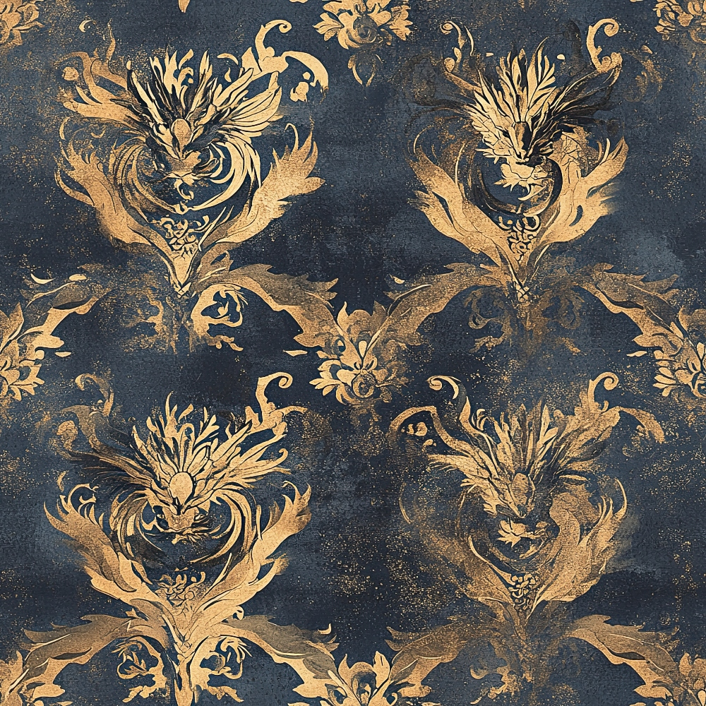 navy blue, gold, damask pattern, dragon motifs, ornate scrollwork, baroque style, metallic accents, vintage texture, quilting cotton, fabric panel, mythical creatures, decorative flourishes, regal design, distressed finish, heraldic elements, luxurious pattern, gothic influence, repeating motif