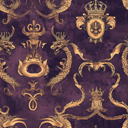 purple, gold, dragons, crowns, heraldic shields, royal emblems, ornate scrollwork, medieval motifs, regal pattern, fantasy creatures, baroque style, luxurious, decorative elements, quilting cotton, fabric panel, majestic, intricate details, serpentine dragons, coat of arms, vintage inspired