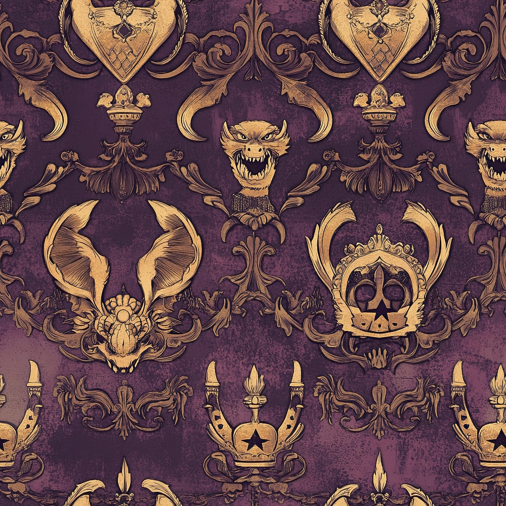 purple, gold, heraldic crests, medieval shields, crowns, dragons, ornate scrollwork, baroque flourishes, regal motifs, quilting cotton, fabric panel, gothic style, royal emblems, decorative wings, vintage damask, repeating pattern, luxurious design, fantasy creatures, ornamental borders