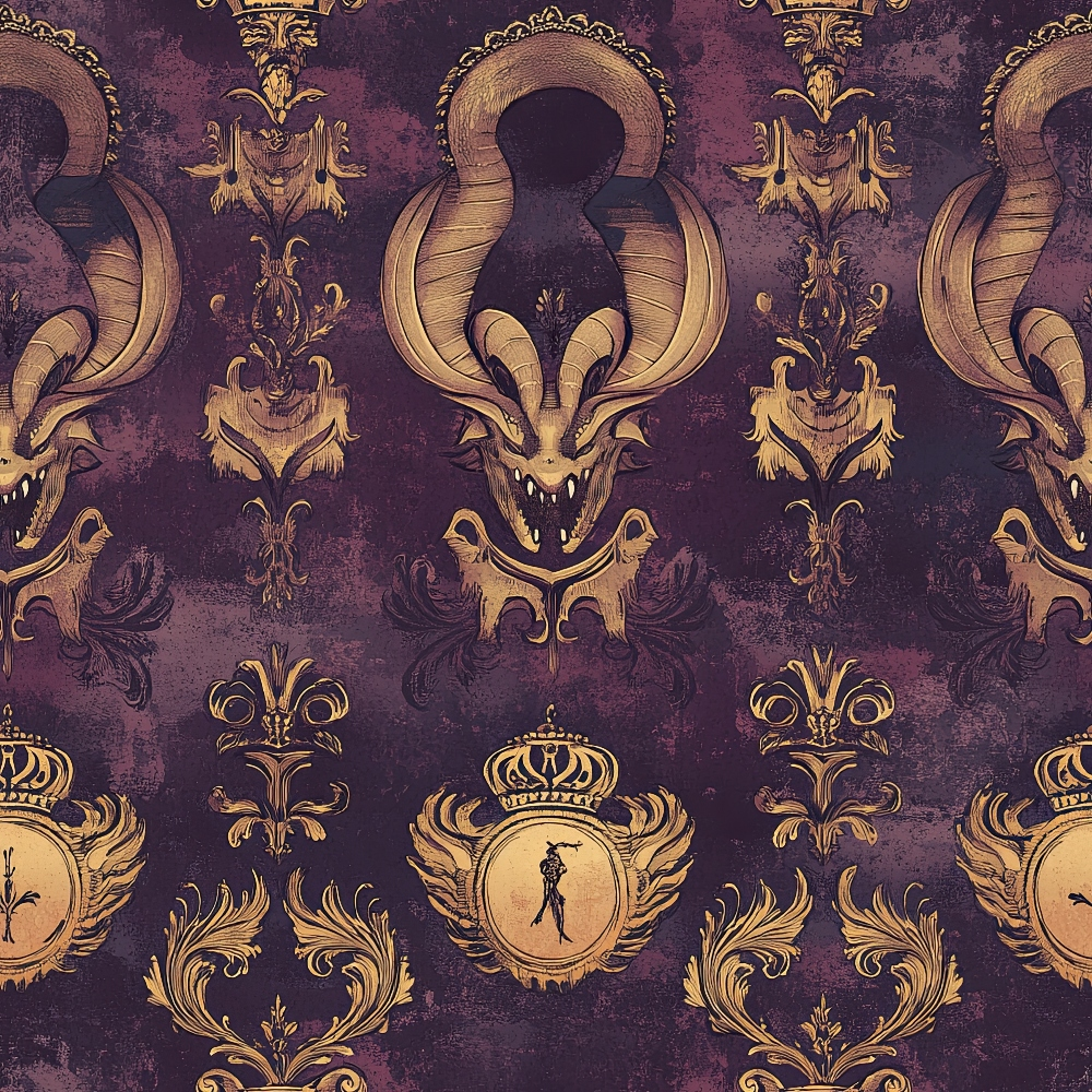 purple, burgundy, gold, bronze, dragons, mythical creatures, ornate crowns, fleur-de-lis, baroque scrollwork, royal heraldry, gothic fantasy, winged emblems, decorative motifs, quilting cotton, fabric panel, vintage texture, regal pattern, fantasy theme, ornamental design, repeating pattern