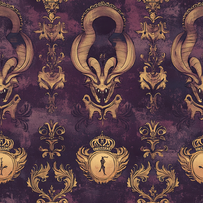 purple, burgundy, gold, bronze, dragons, mythical creatures, ornate crowns, fleur-de-lis, baroque scrollwork, royal heraldry, gothic fantasy, winged emblems, decorative motifs, quilting cotton, fabric panel, vintage texture, regal pattern, fantasy theme, ornamental design, repeating pattern