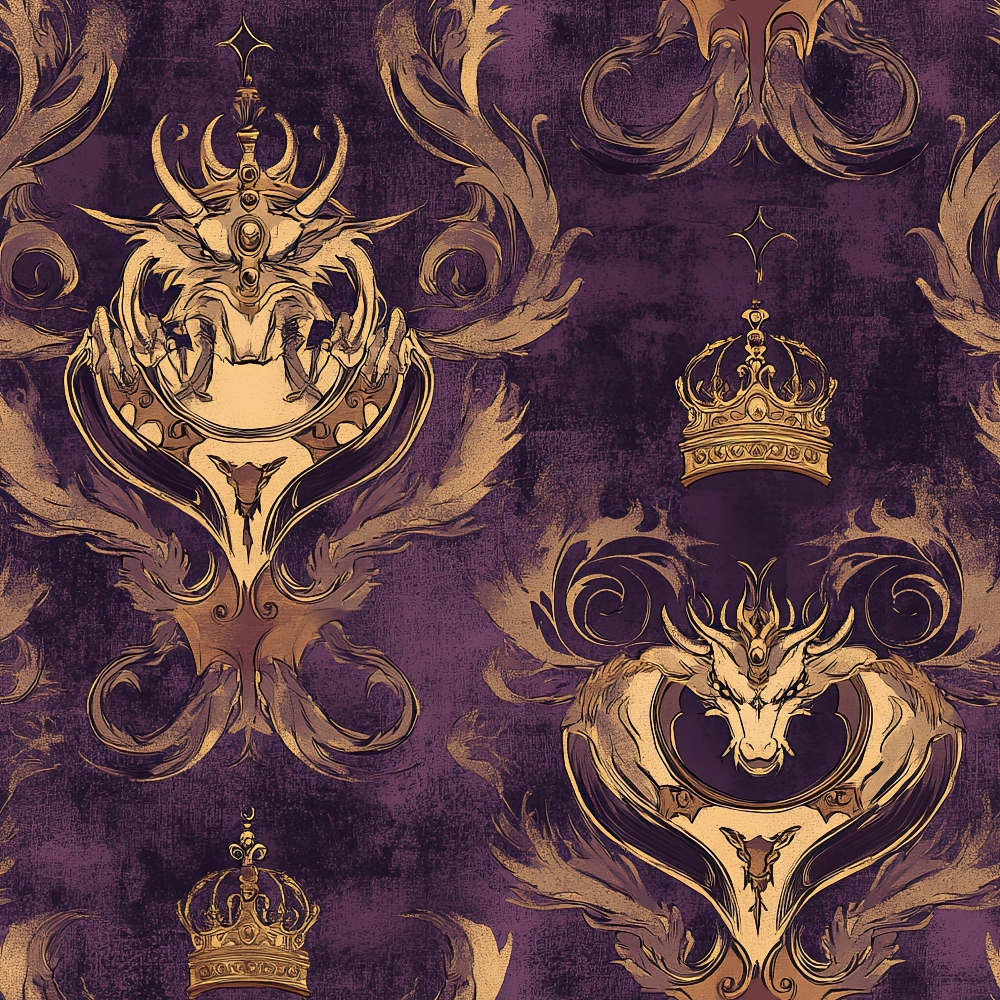 purple, gold, dragon heads, ornate crowns, baroque scrollwork, mythical creatures, regal pattern, quilting cotton, fabric panel, fantasy theme, decorative flourishes, royal motif, deep violet, antique gold, heraldic design, gothic style, majestic dragons, ornamental swirls, luxurious pattern, medieval inspired