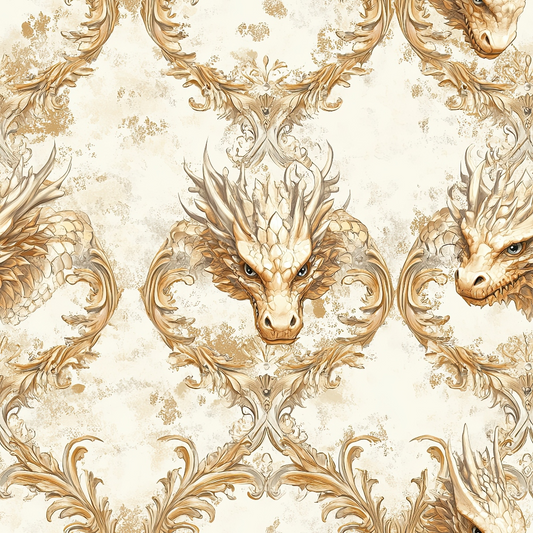 cream, beige, gold, brown, dragons, medieval creatures, ornate scrollwork, baroque flourishes, vintage style, distressed texture, mythical beasts, decorative swirls, aged parchment, fantasy theme, quilting cotton, fabric panel, intricate details, royal motifs, antique finish, seamless pattern